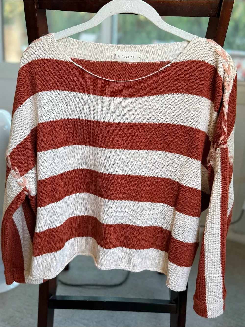 By Together Striped Lace-Up Sleeve Sweater S/M Rust Cream 100% Cotton Boho